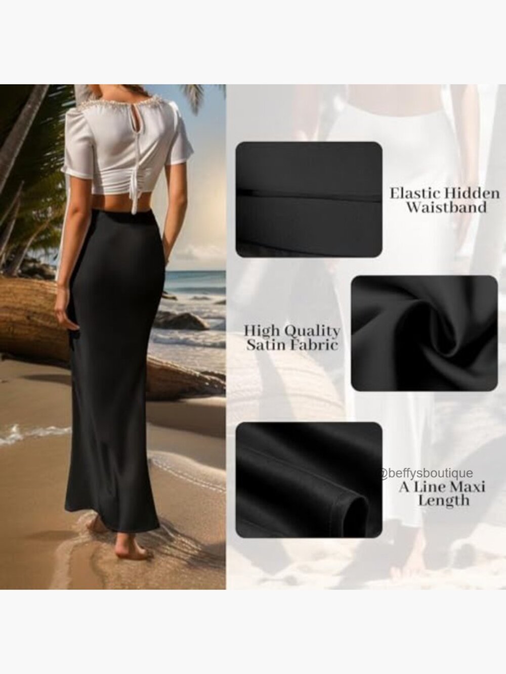 Satin Maxi Skirt Elastic High Waisted A-Line Flowy Long Skirt - Picture 5 of 7
